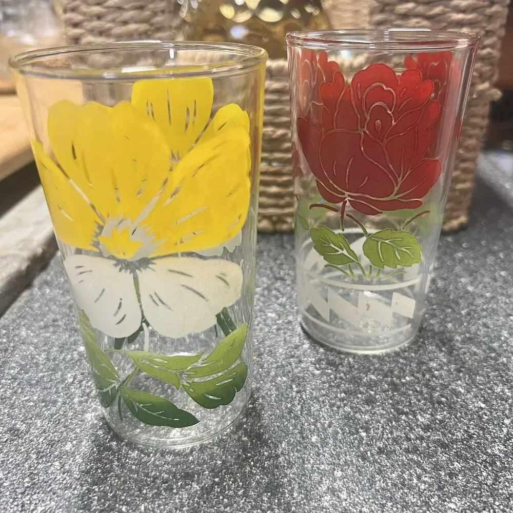 VTG Anchor Hocking/ Peanut Butter Glasses~Red Rose /Yellow Fiesta Flowers~Set 2